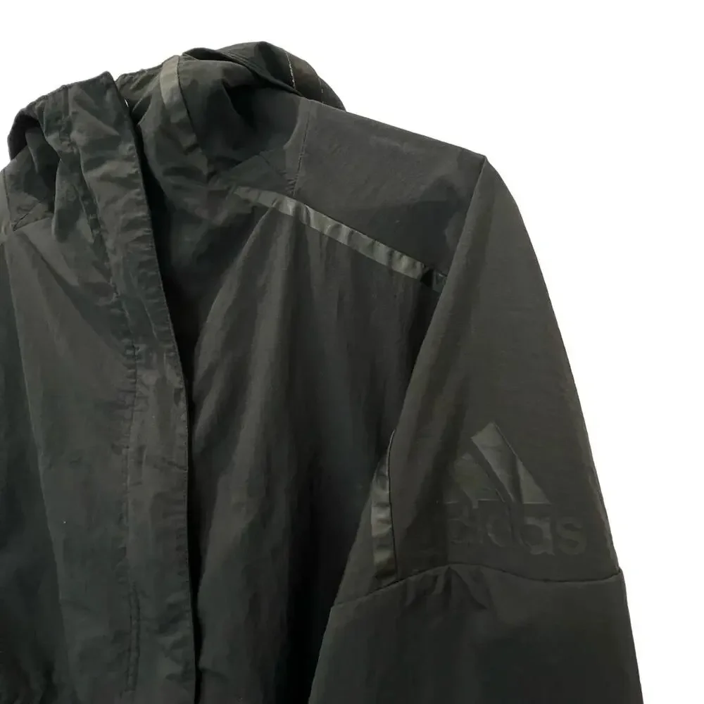 Adidas Jacket Womens Medium Black Hooded Windbreaker Full Zip Water Resistant